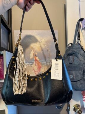 Steve Madden Black Leather Shoulder Bag with Patterned Tassel